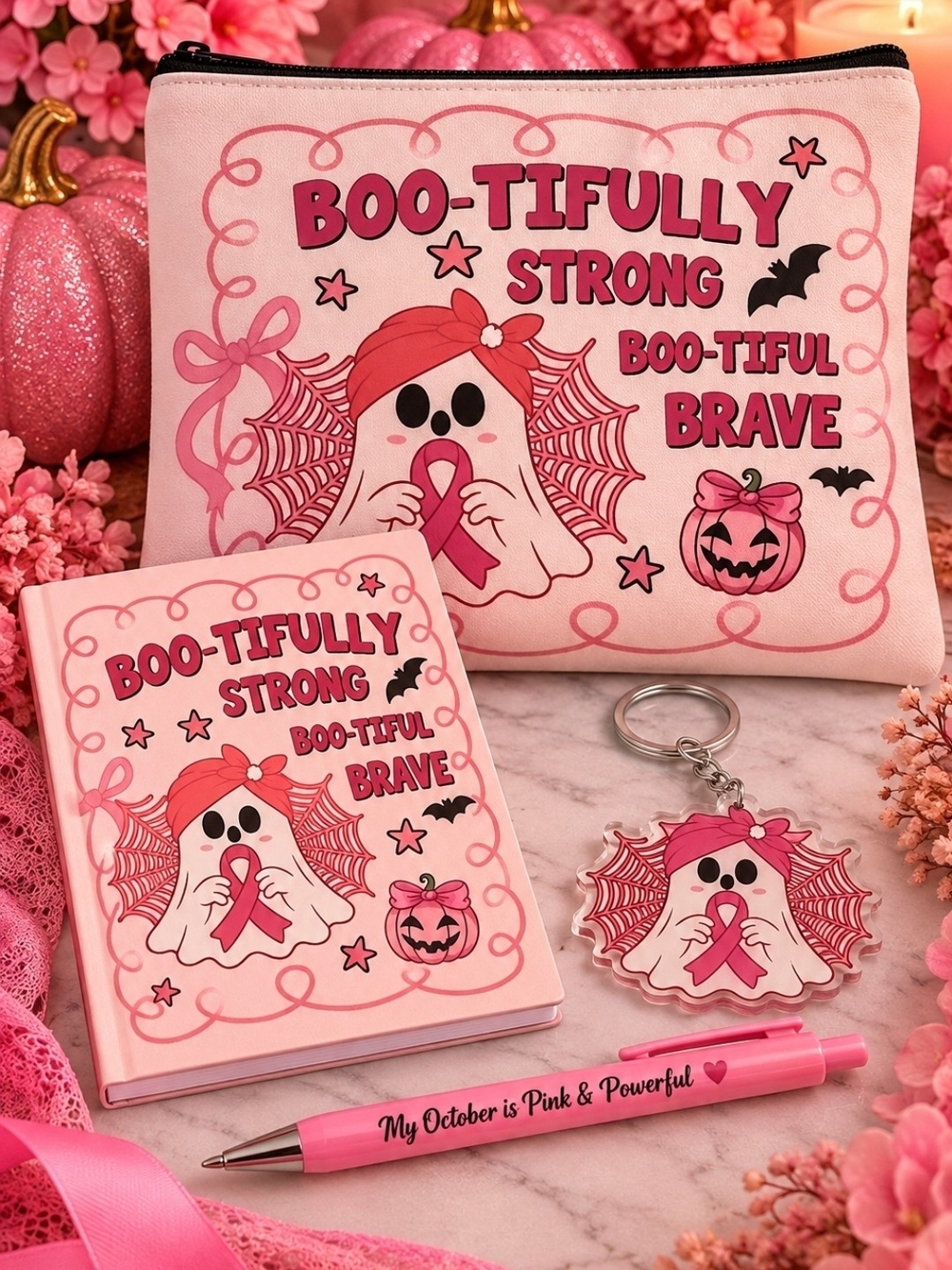 Pink Halloween Breast Cancer Awareness Ghost 4 Piece Gift Set!!